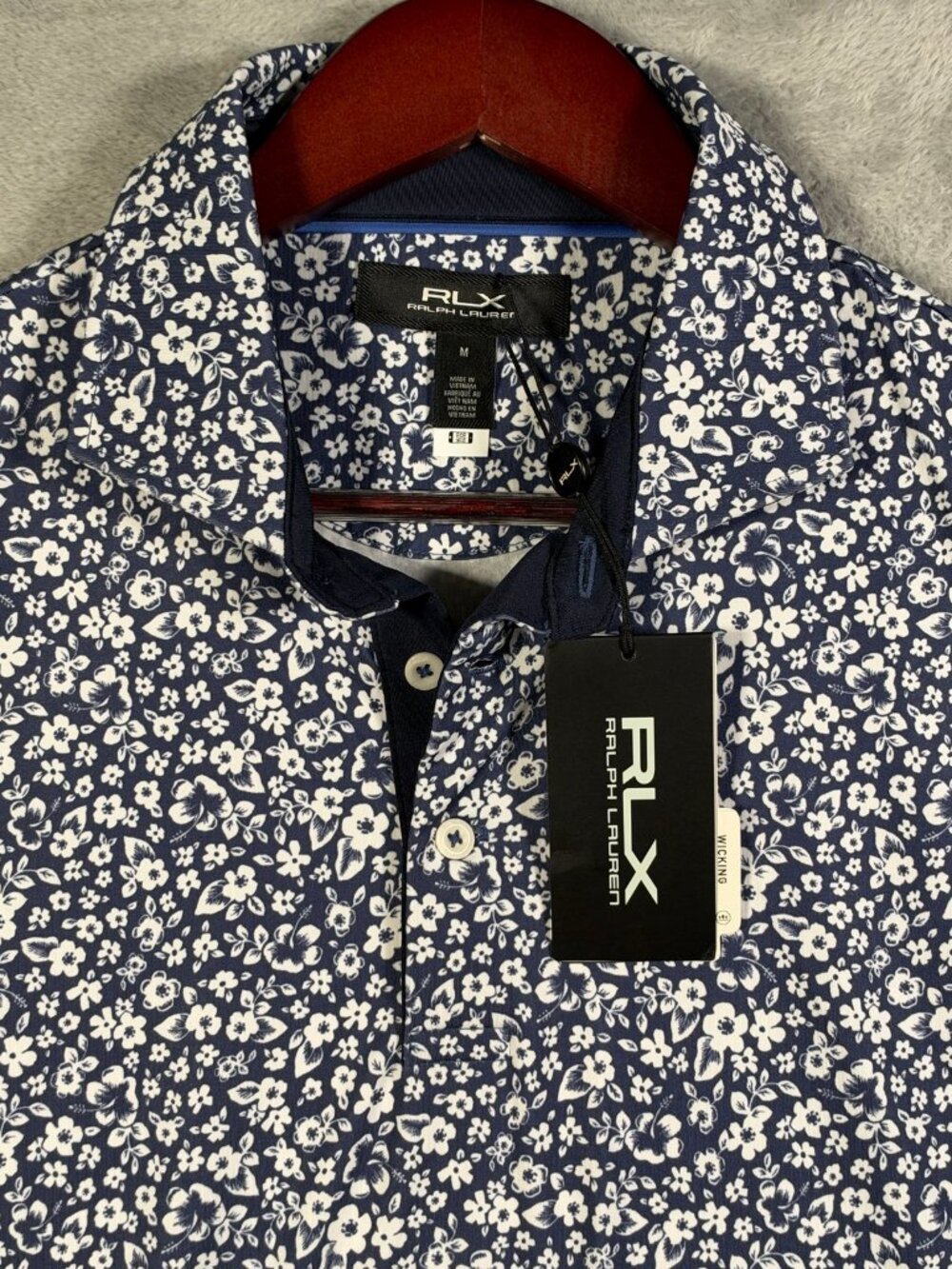 RLX Ralph Lauren Polo Shirt Mens M Navy Blue Floral Stretch Golf Wicking